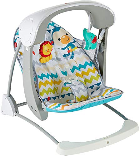 Fisher-Price Colourful Carnival Take-Along Swing and Seat, Blue/Gray Chevron, Portable Baby Swing and Stationary Infant Seat