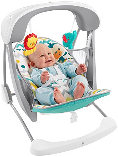 Fisher-Price Colourful Carnival Take-Along Swing and Seat, Blue/Gray Chevron, Portable Baby Swing and Stationary Infant Seat