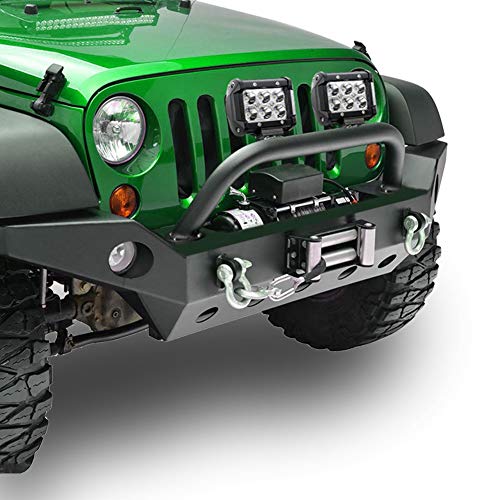 LEDKINGDOMUS Full Width Front Bumper Compatible for 07-18 Jeep Wrangler JK and JK Unlimited Rock Crawler With Fog Lights Hole, Winch Plate Black Textured