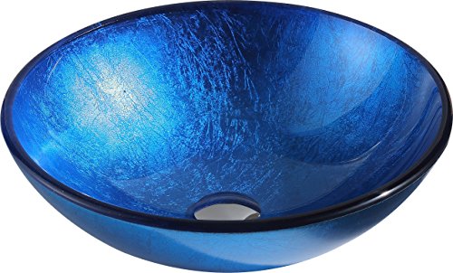 ANZZI Clavier Modern Tempered Glass Vessel Bowl Sink in Lustrous Blue | Top Mount Bathroom Sinks above Counter | Round Vanity Countertop Sink Bowl | LS-AZ027