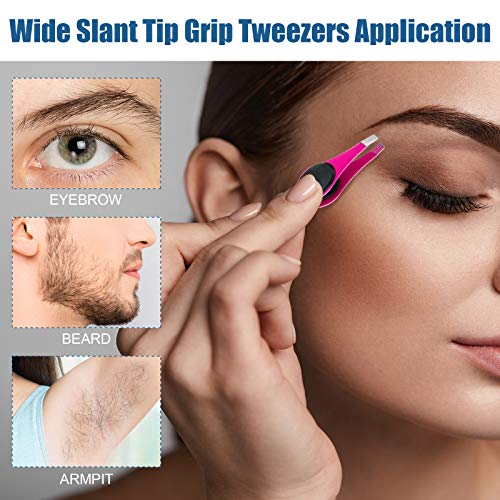 2 Pieces Wide Non-Slip Grip Slant Tip Tweezers Stainless Steel Slant Tweezer Precision Tip Hair Clip Tweezer for Ingrown Hair Facial Hair Eyebrow Shaping Splinter Blackhead Remover (Black, Rose Red)