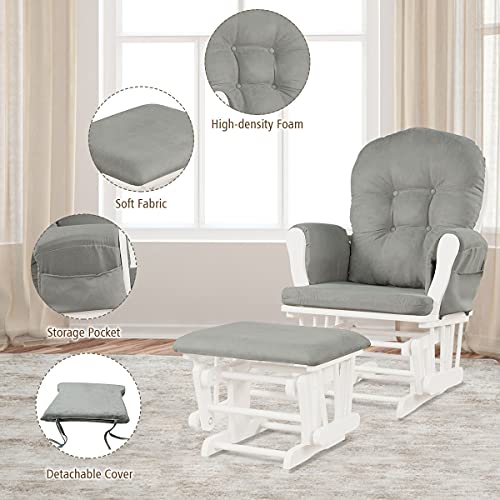 Costzon Baby Glider and Ottoman Cushion Set, Wood Baby Rocker Nursery Furniture, Upholstered Comfort Nursery Chair & Ottoman with Padded Arms (Light Gray)