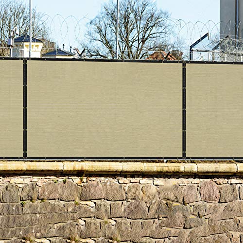 Windscreen4less Heavy Duty Privacy Screen Fence in Color Beige with White Stripes 4' x 132' Brass Grommets 150 GSM - Customized Size