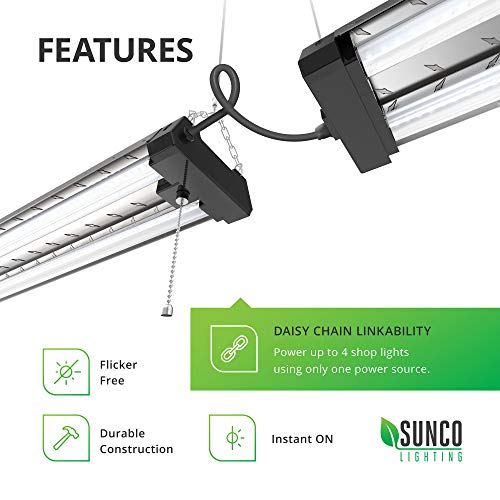 Sunco Lighting 12 Pack Industrial LED Shop Light, 4 FT, Linkable Integrated T8 Fixture, 40W=260W, 6000K Daylight Deluxe, 4000 LM, Surface + Suspension Mount, Pull Chain, Garage Light - Energy Star