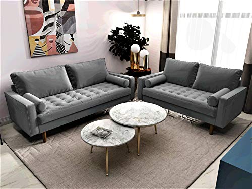 Container Furniture Direct S5457 Mid Century Modern Velvet Upholstered Tufted Living Room Sofa, 69.68", Grey