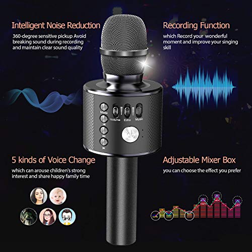 【2021 Upgrade】 Wireless Bluetooth Karaoke Microphone, 4 in 1 Portable Handheld Karaoke Mic Speaker Machine for Kids Adults, for Christmas Birthday Home Party (Black)