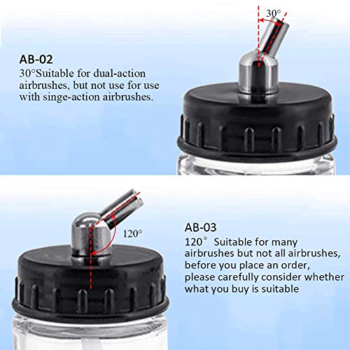 10pcs Glass Jar Airbrush Bottles Set 22cc Transparent Glass Bottle 5pcs AB02 5pcs AB03 Metal Connector with 30° 120°Down Angle Adaptor Lid Assembly Siphon Feed Airbrush, Use with Most airbrushes