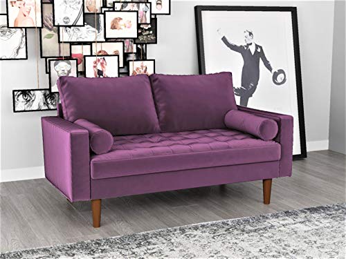 Container Furniture Direct S5458 Mid Century Modern Velvet Upholstered Tufted Living Room Loveseat, 57.87", Eggplant