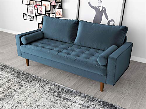 Container Furniture Direct S5456 Mid Century Modern Velvet Upholstered Tufted Living Room Sofa, 69.68", Prussian Blue