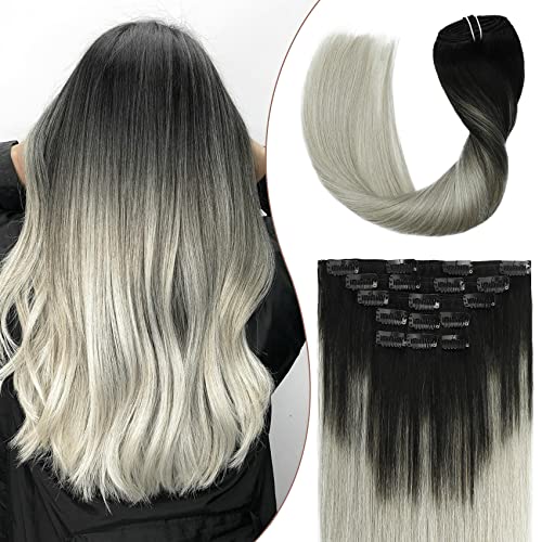 10A Grade Clip In Hair Extensions Human Hair Ombre Hair Natural Black Fading to Silver Gray Brazilian Hair 120g 7pcs Per Set Remy Hair Full Head Silky Straight Human Hair Clip In Extensions 22In