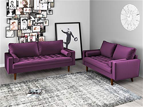 Container Furniture Direct S5458 Mid Century Modern Velvet Upholstered Tufted Living Room Loveseat, 57.87", Eggplant