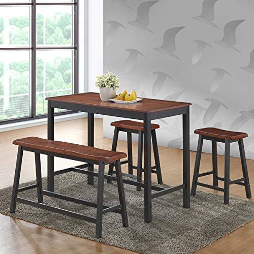 COSTWAY 4 Piece Solid Wood Dining Table Counter Height W/ One Bench & Two Saddle Stools Industrial Style Foot Pads Black & Brown