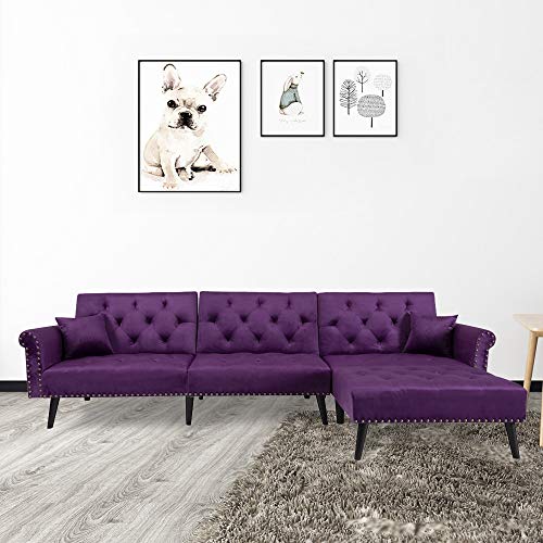 Knowlife Sectional Convertible Futon Sofa Bed, Mid-Century Velvet Sleeper Sofa with Reversible Chaise and 2 Pillows, 115”L Sofa Couch for Living Room and Small Space - Purple