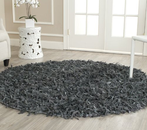 Safavieh Leather Shag Collection LSG511N Hand-Knotted Modern Leather Area Rug, 6' x 6' Round, Grey