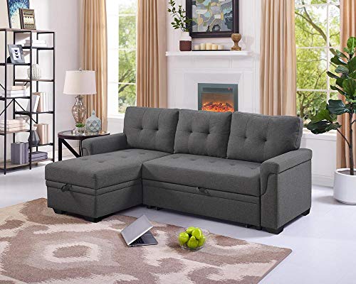 Lilola Home Lucca Linen Reversible Sleeper Sectional Sofa Steel Gray