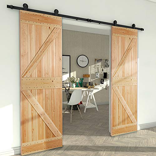 CCJH 10.5FT Sliding Barn Door Hardware Kit, Heavy Duty, Smoothly and Silently, Easy to Install, Fit 31.5" Width Double Door Panel, T-Shaped Style Black