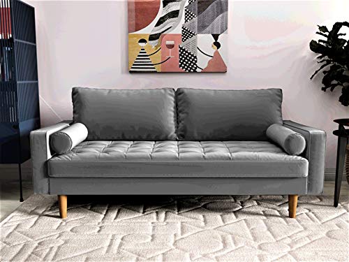 Container Furniture Direct S5457 Mid Century Modern Velvet Upholstered Tufted Living Room Sofa, 69.68", Grey