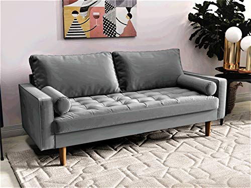 Container Furniture Direct S5457 Mid Century Modern Velvet Upholstered Tufted Living Room Sofa, 69.68", Grey