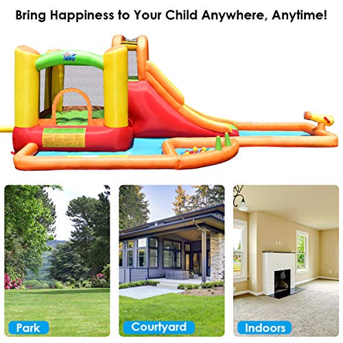 Costzon Inflatable Slide Bouncer, Bounce House with Climbing Wall, Jump Area, Basketball Hoop, Splash Pool