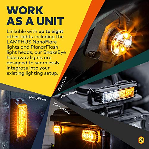 LAMPHUS 4pc SnakeEye III Blue LED Hideaway Strobe Light [SAE Class 1] [IP67 Waterproof] [72 Flash Modes] [Multi Units Sync-able] [Steady Override] Blue Emergency Strobe Police Lights for Vehicles