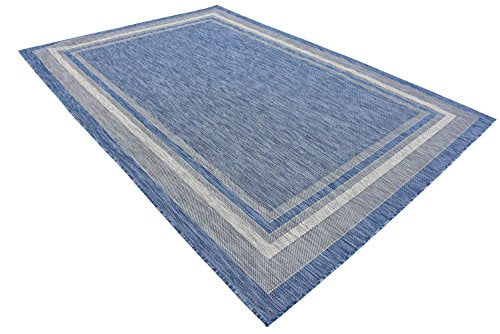 Unique Loom Outdoor Collection Transitional Indoor & Outdoor Casual Solid Tonal Border Area Rug, 7 x 10 ft, Blue/Beige