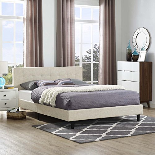 Modway Linnea Upholstered Beige Queen Platform Bed with Wood Slat Support