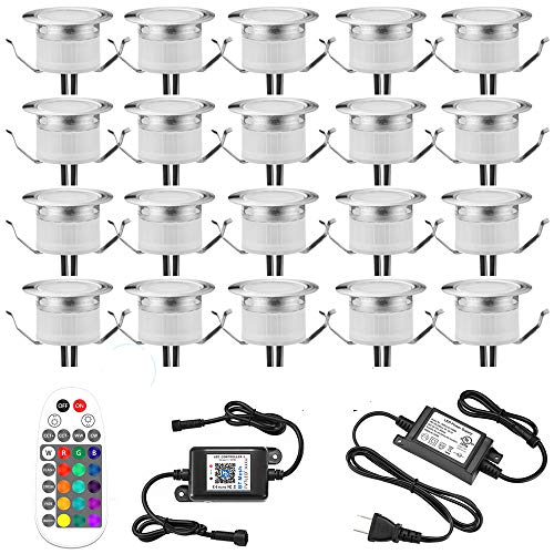 LED Deck Lights Kit, Set of 20 Φ1.22" Bluetooth Control RGBW (RGB+WW) Low Voltage Recessed Deck Lamp In-ground Lighting Waterproof Outdoor Yard Landscape Path Stair Decor