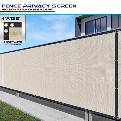 Windscreen4less Heavy Duty Privacy Screen Fence in Color Beige with White Stripes 4' x 132' Brass Grommets 150 GSM - Customized Size