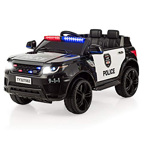 Costzon Kids Ride on Car Electric Police Truck Remote Control Siren, LED Headlights, Microphone Double Open Doors Black