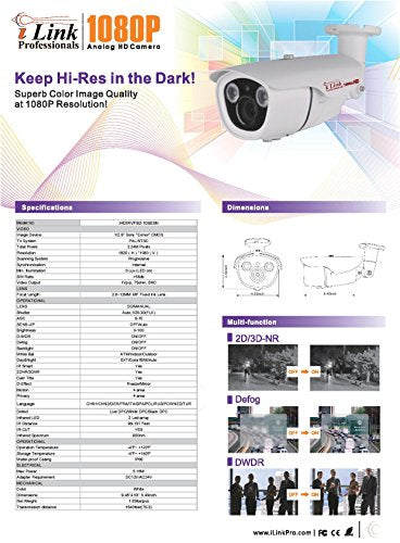 1/2.9'' Sony Exmor HD 1080P / 2000+ TVL Analog with 2.8~12mm Vari-focal Lens, Dual Voltage, Infrared Weather/Waterproof Color D/N CCTV Security Camera