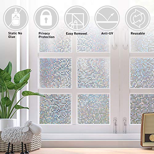 LEMON CLOUD Mosaic Window Film Privacy Frosted Stained Glass Rainbow Static Cling Decorative No Glue Removable Self Adhesive Anti UV Window Sticker for Glass (17.5" x 78.7", 3D Mosaic)