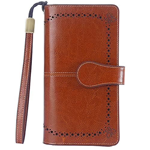 Lavemi Womens Large Capacity Genuine Leather RFID Blocking Wallets Wristlet Clutch Card Holder(Rose Red)