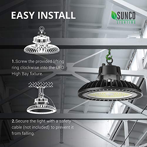 Sunco Lighting 2 Pack UFO LED High Bay, 150W, 600W HID Replacement, 21,000 LM, 5000K Daylight, IP65 Waterproof, Commercial Grade Lighting, Hook Mount, Safety Cable, Warehouse - UL, DLC