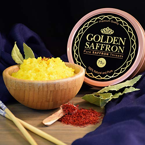 Golden Saffron, Finest Pure Premium All Red Saffron Threads, Grade A+ Super Negin, Non-GMO Verified. For Tea, Paella, Rice, Desserts, Golden Milk and Risotto (75 Grams)