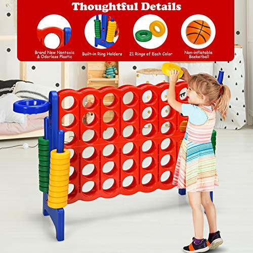 Costzon Giant 4-in-A-Row, Jumbo 4-to-Score Giant Game w/ Basketball Hoop, Ring Toss, Quick-Release Slider, 42 Jumbo Rings, Indoor Outdoor Family Connect Game for Kids & Adults, Backyard Games, Blue