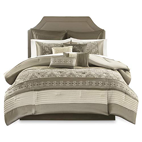 Madison Park Essentials Jelena Room In A Bag Faux Silk Comforter Set, Classic Luxe All Season Down Alternative Bed Set with Bedskirt,Matching Curtains,Decorative Pillows, King(104"x92"), Natural 24 PC