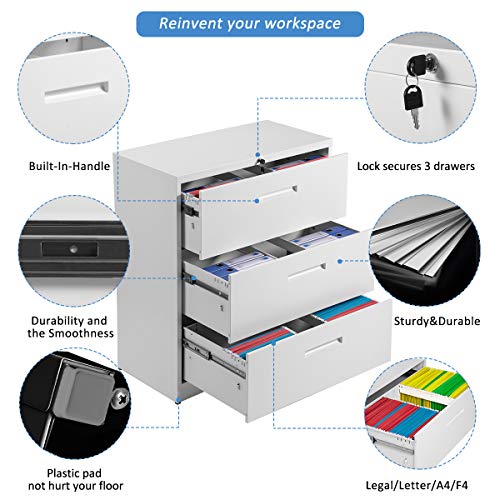 Lateral File Cabinet with 3 Drawer Lockable Metal File Cabinet Heavy Duty Filling Cabinet,White, Assembly Needed