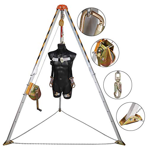 KSEIBI 423990 Aluminum Confined Space Tripod Kit Manhole Entry and Rescue Equipment Set with 65' Winch, Pulley, Carabiner, Fall Protection Safety Harness and Carrying Storage Bag