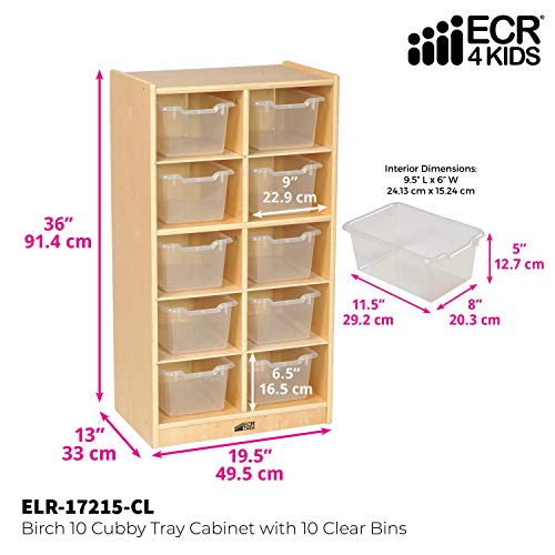 ECR4Kids Birch 10 Cubby Tray Cabinet W/ Scoop Front Bins Kids Toy Storage Organizer Hardwood For School Supplies