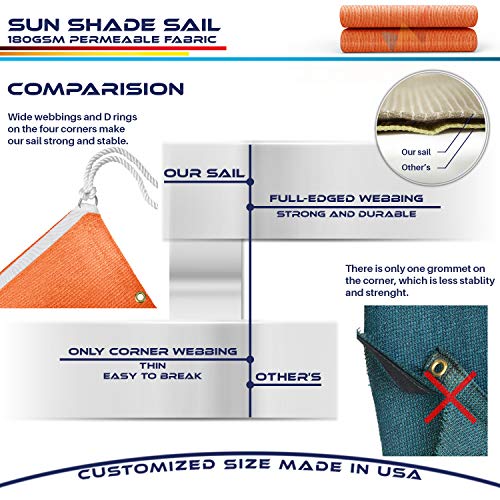 Windscreen4less Straight Edge Sun Shade Sail,Rectangle Outdoor Shade Cloth Pergola Cover UV Block Fabric 180GSM - Custom Size Orange 16' X 23'