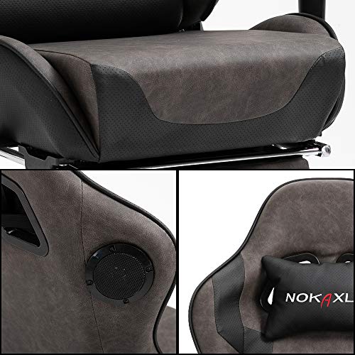 Nokaxus Video Gaming Chair with Bluetooth Speakers Massage Lumbar Support and Retractible Footrest PU Leather 90-180 Degree Adjustment of Backrest (YK-6008-BROWN)