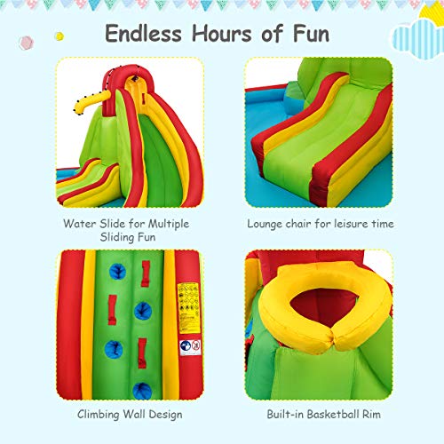 Costzon Inflatable Bounce House 7 in 1 Mighty Pool Slide Kids Bouncer with Climbing Wall, Basketball Rim, Splash Pool, Water Cannon