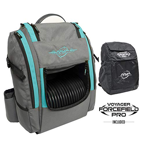 MVP Disc Sports Voyager Pro Backpack Disc Golf Bag (Version 2) with Forcefield Rainfly Gray/Aqua
