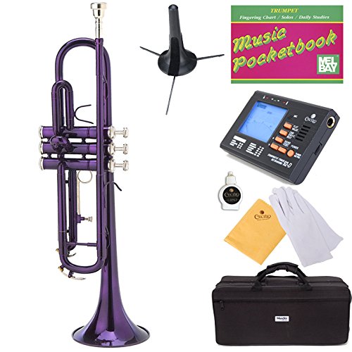 Mendini MTT-PL Purple Lacquer Brass Bb Trumpet + Tuner, Case, Stand, Mouthpiece, Pocketbook & More - MTT-PL+SD+PB+92D