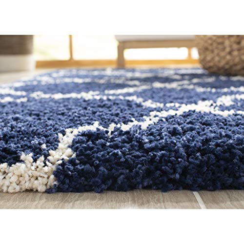 SAFAVIEH Hudson Shag Collection SGH282C Moroccan Trellis Non-Shedding Living Room Bedroom Dining Room Entryway Plush 2-inch Thick Area Rug, 7' x 7' Round, Navy / Ivory