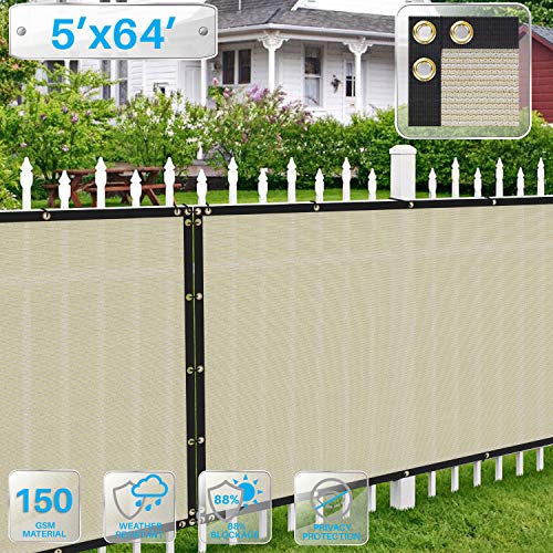 Patio Paradise 5' x 64' Tan Beige Fence Privacy Screen, Commercial Outdoor Backyard Shade Windscreen Mesh Fabric with Brass Gromment 90% Blockage- 3 Years Warranty (Customized