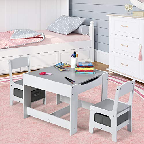 Costzon Kids Table and Chair Set, 3 in 1 Wood Activity Table for Toddlers Arts, Crafts, Drawing, Reading, Playroom, Toddler Table and Chair Set w/ 2 in 1 Tabletop, Storage Space, Gift for Boys & Girls