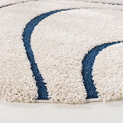 SAFAVIEH Florida Shag Collection SG471 Abstract Wave Non-Shedding Living Room Bedroom Dining Room Entryway Plush 1.2-inch Thick Area Rug, 6'7" x 6'7" Round, Cream / Blue