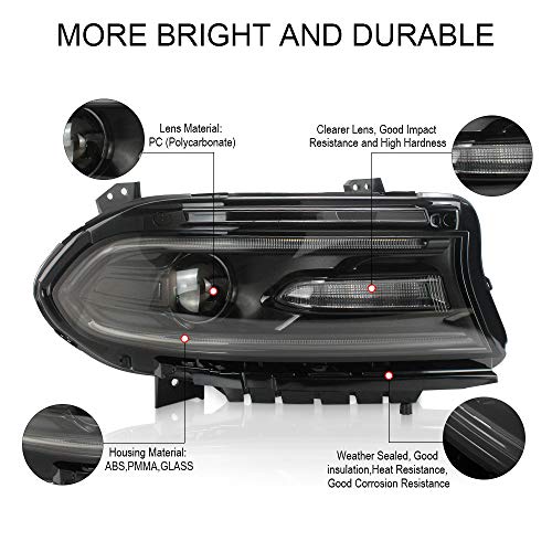 A&K Led Headlights for Dodge Charger 2015 2016 2017 2018 2019 2020,Dual Beam Head Lamp Assembly with Turn Signal Light and Led Daytime Running Light,Driver and Passenger Side(Clear Len)