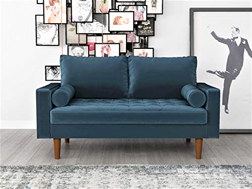 Container Furniture Direct S5456 Mid Century Modern Velvet Upholstered Tufted Living Room Loveseat, 50.39", Prussian Blue